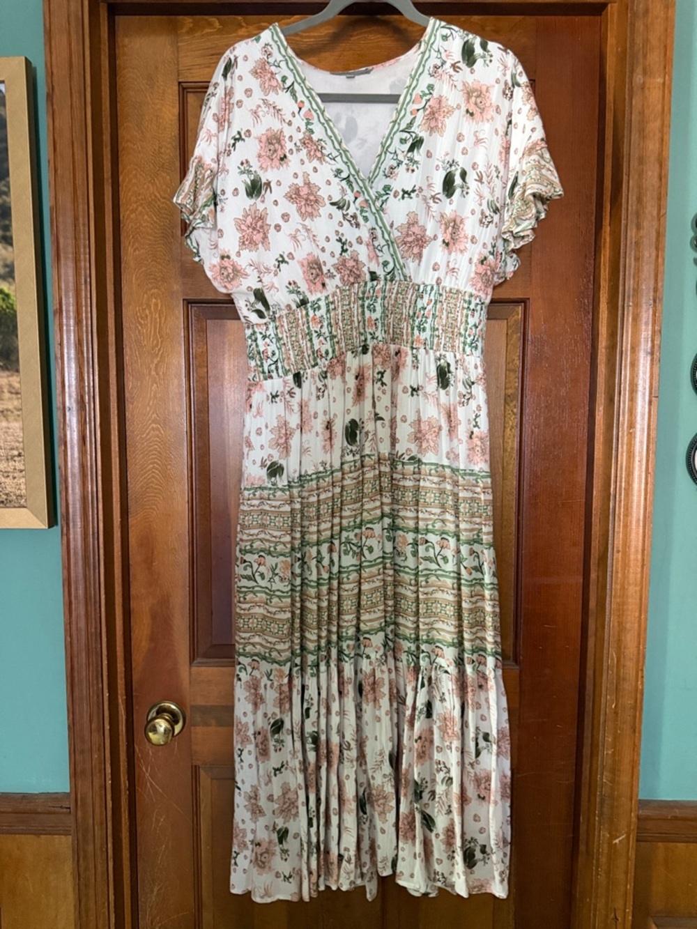 Floral Faux Wrap Maxi Dress in Cream with Blush and Green